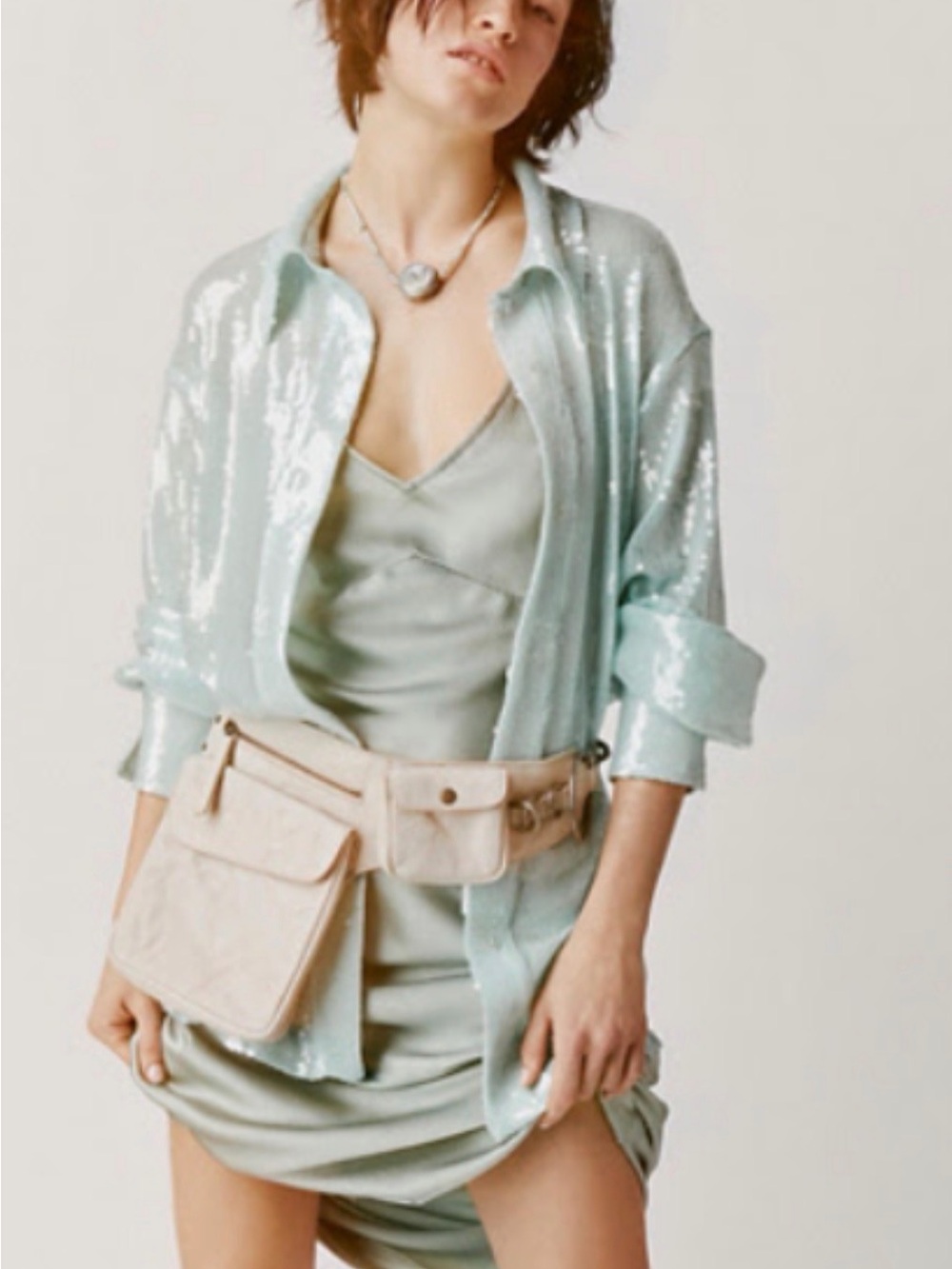 Free People Mint Green oversized Sequin Button-Down Shirt - Picture 4 of 4